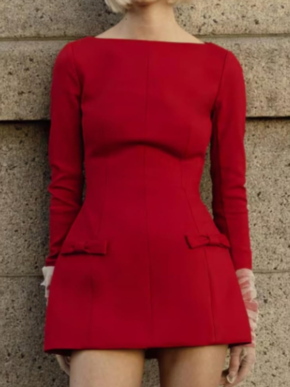 SUNFERE Elegant Red Dress – Short, Long-Sleeve Dress with Flared Bow NWT SIZE S